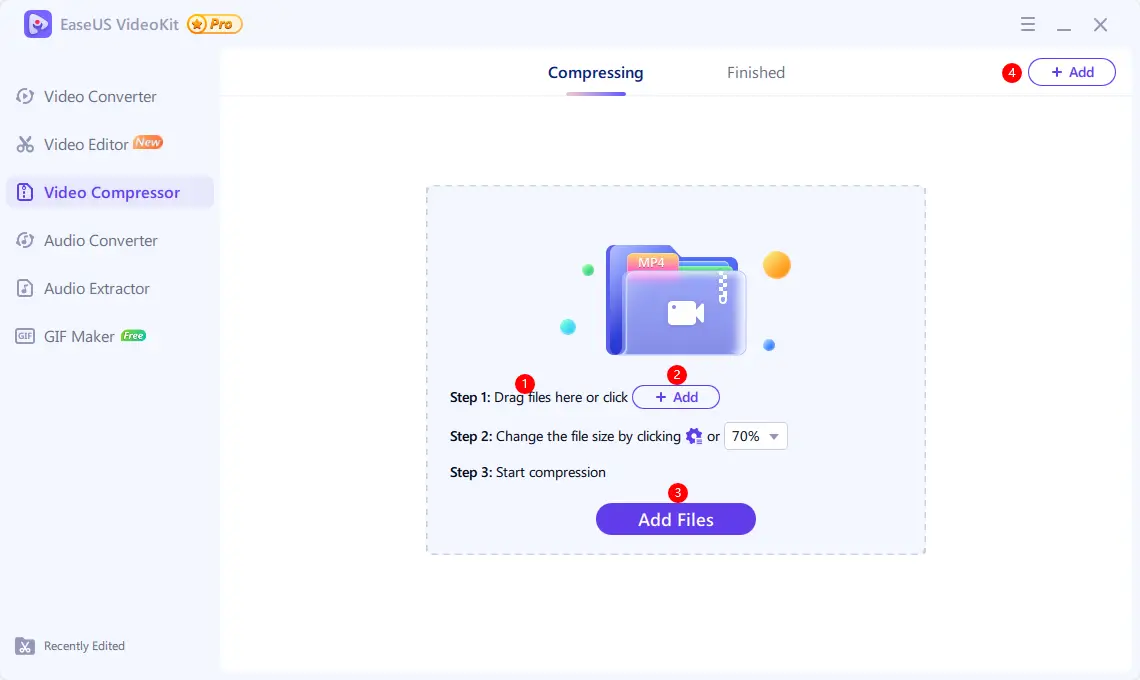 EaseUS VideoKit video compression instructions screen.