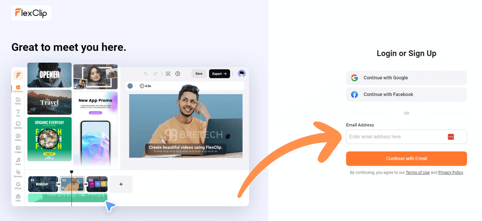 FlexClip welcome screen with login and sign-up options.