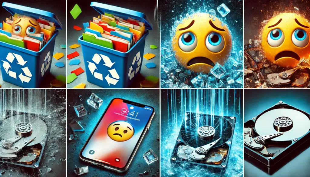 Emoji faces representing data loss on various devices.