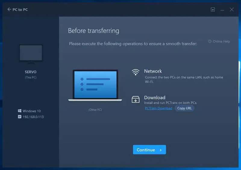 PC transfer instructions with network and download steps.