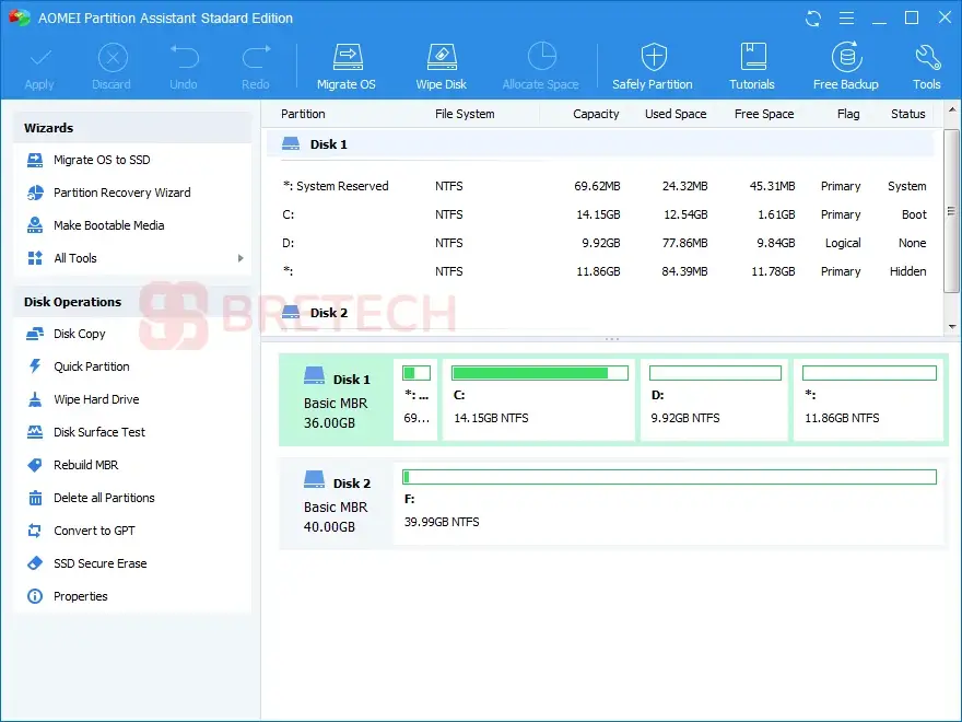 AOMEI Partition Assistant Standard Edition main interface.