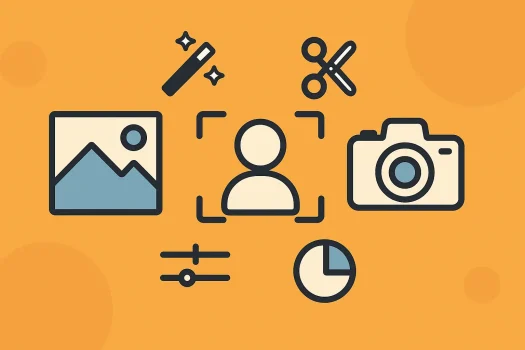 Icons representing photography and editing tools.