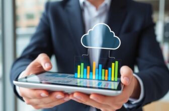 Person holding tablet with cloud data visualization