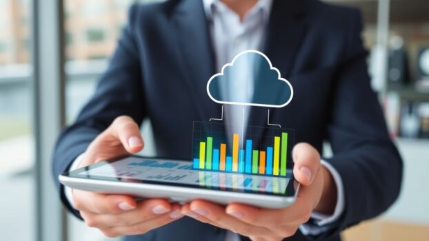 Person holding tablet with cloud data visualization