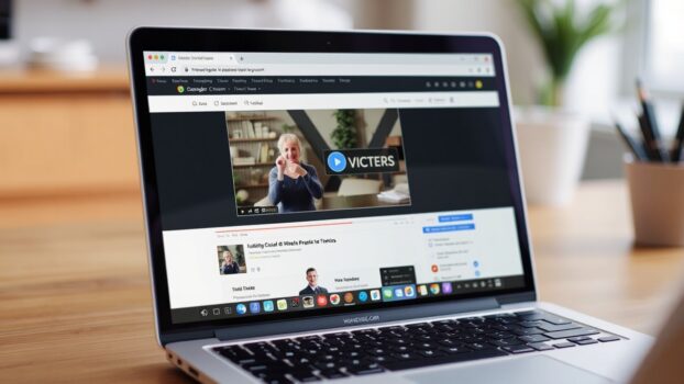Laptop displaying online lecture video with subtitles