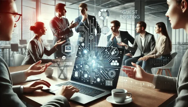 Business meeting discussing digital marketing strategies.