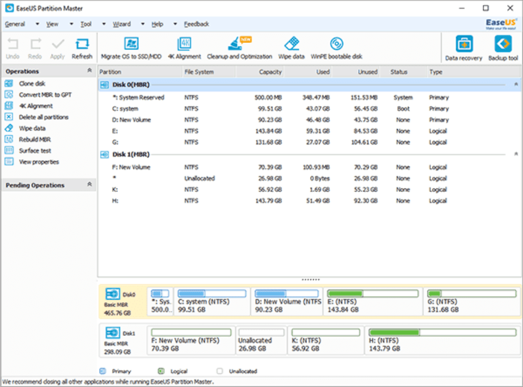 EaseUS Partition Master disk management interface.