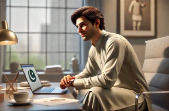 Man in traditional attire working on laptop