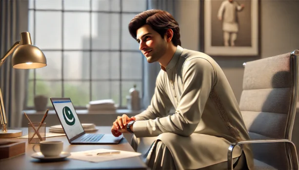 Man in traditional attire working on laptop