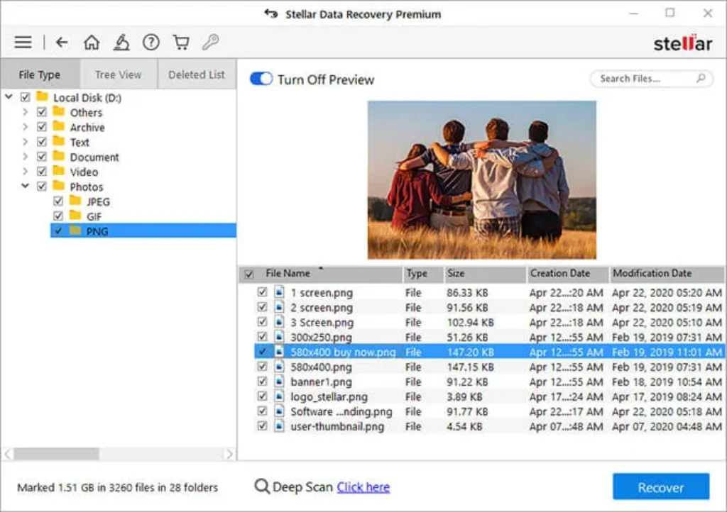 Stellar Data Recovery Premium file selection screen