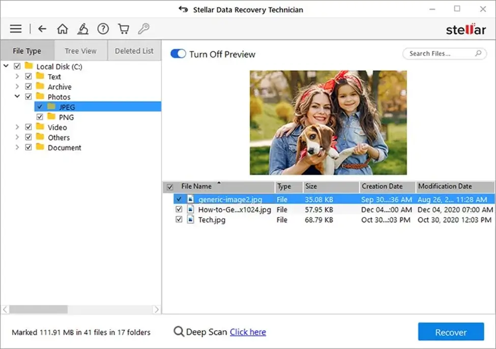 Data recovery software showing file preview
