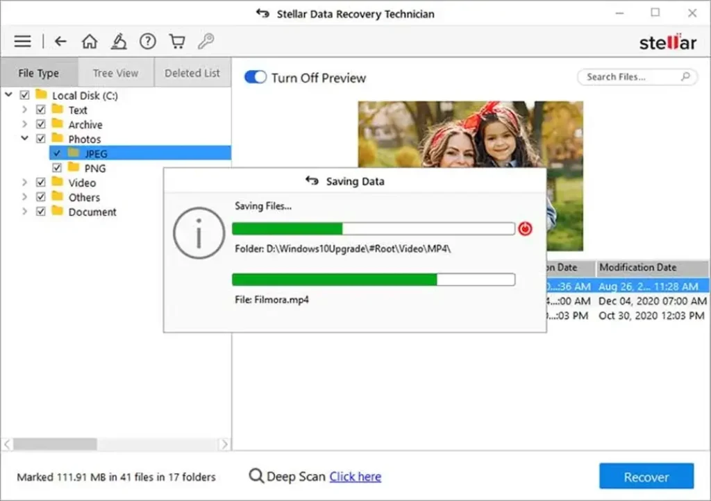 Stellar Data Recovery Technician saving files