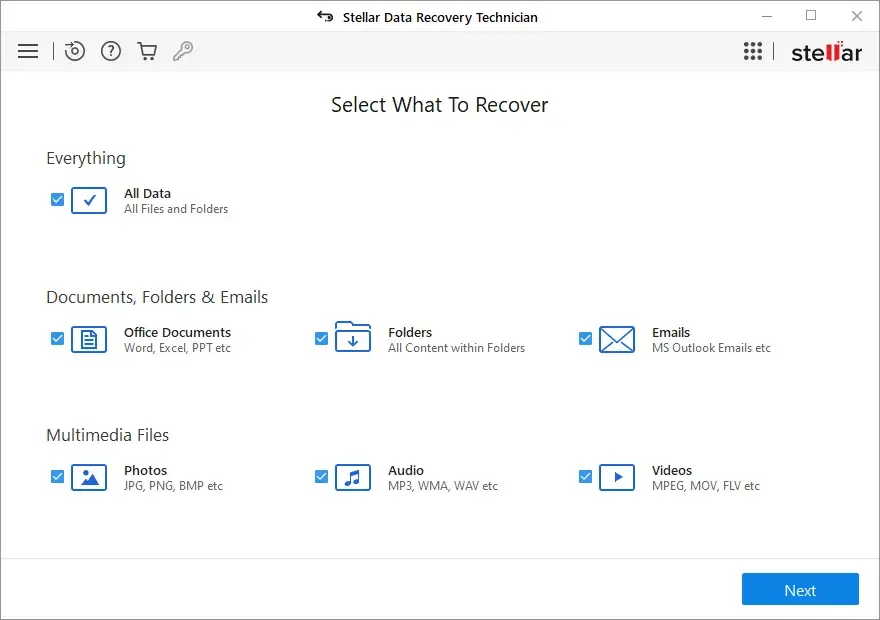 Stellar Data Recovery file type selection screen