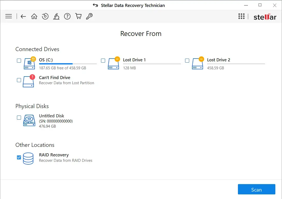 Stellar Data Recovery Technician software interface.