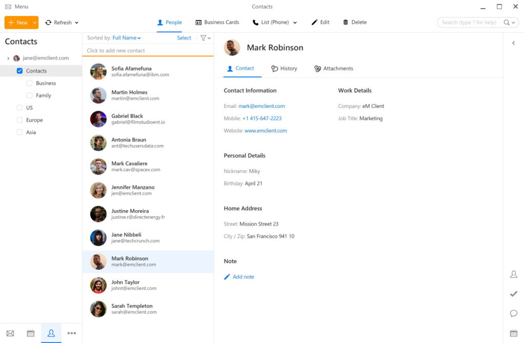 Contact management software with list and details view.