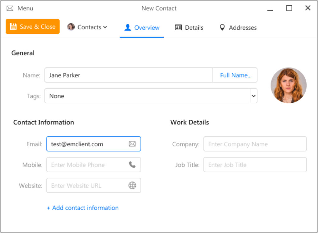 New contact form with contact information fields.