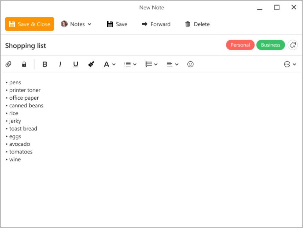 Note with shopping list items