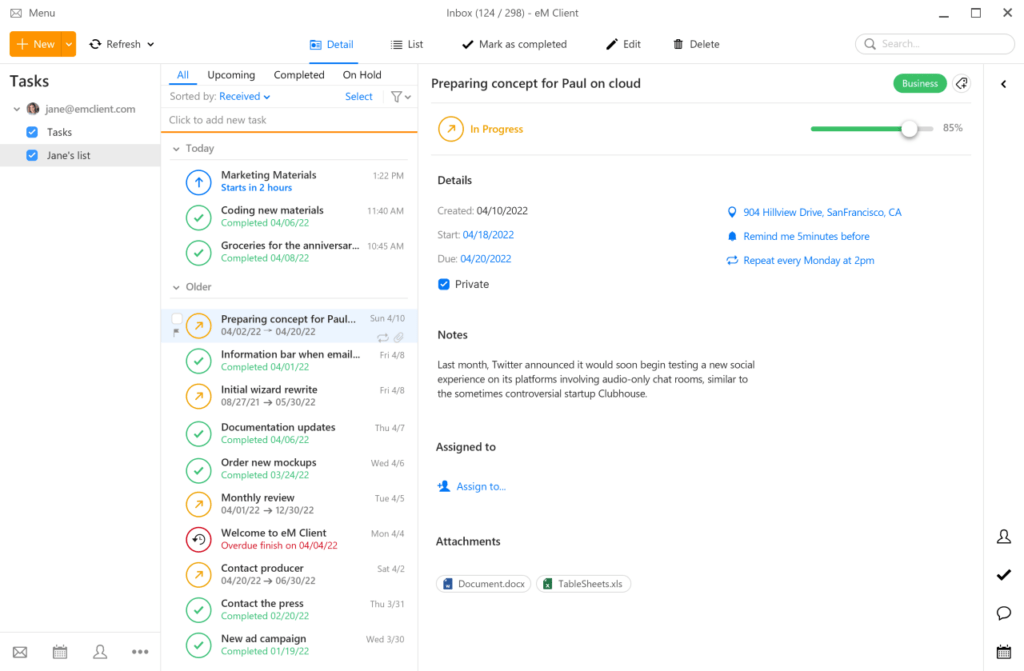 Task management software dashboard with current tasks.