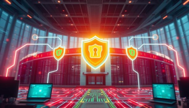 Futuristic cybersecurity concept with glowing shield icons.