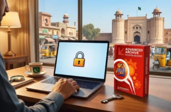 Person using laptop with password recovery software.