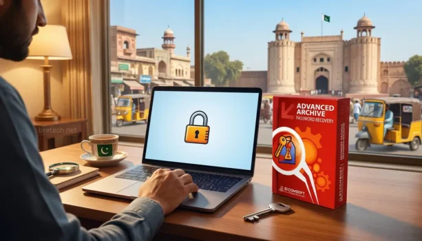 Person using laptop with password recovery software.