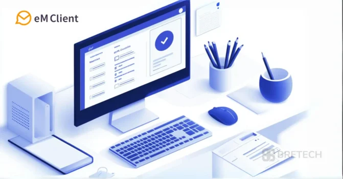 Desktop setup with eM Client software screen