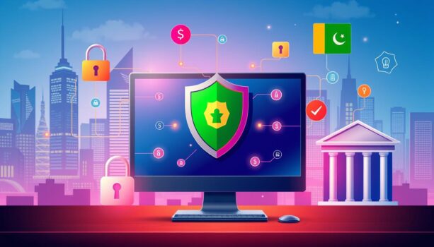 Cybersecurity in banking and finance sector illustration.