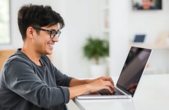Smiling person typing on a laptop at desk.