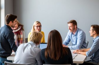 Diverse group in business meeting around table.