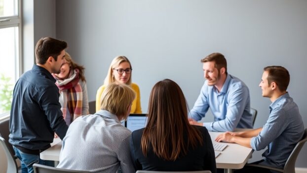 Diverse group in business meeting around table.