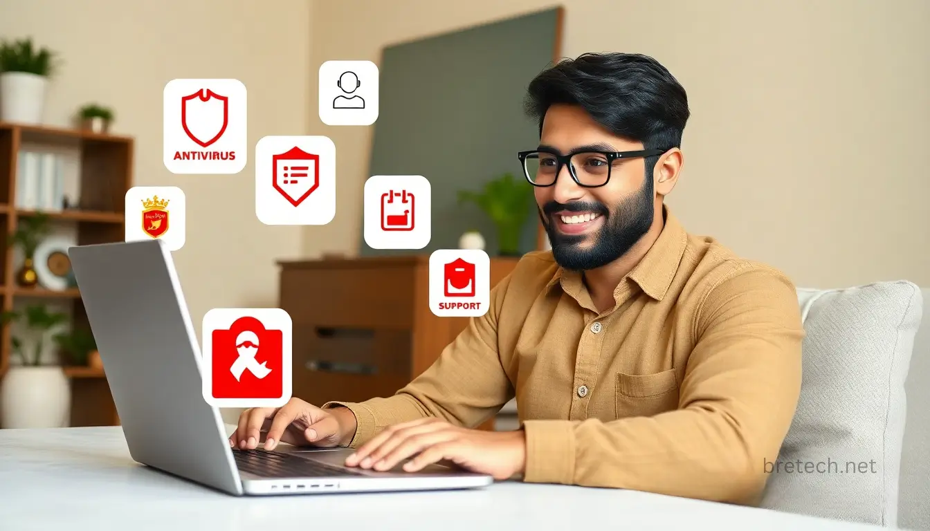 Smiling man using laptop for antivirus support