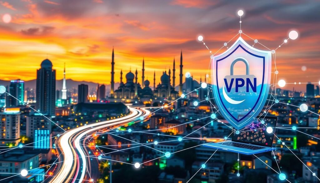 VPN shield over cityscape at sunset