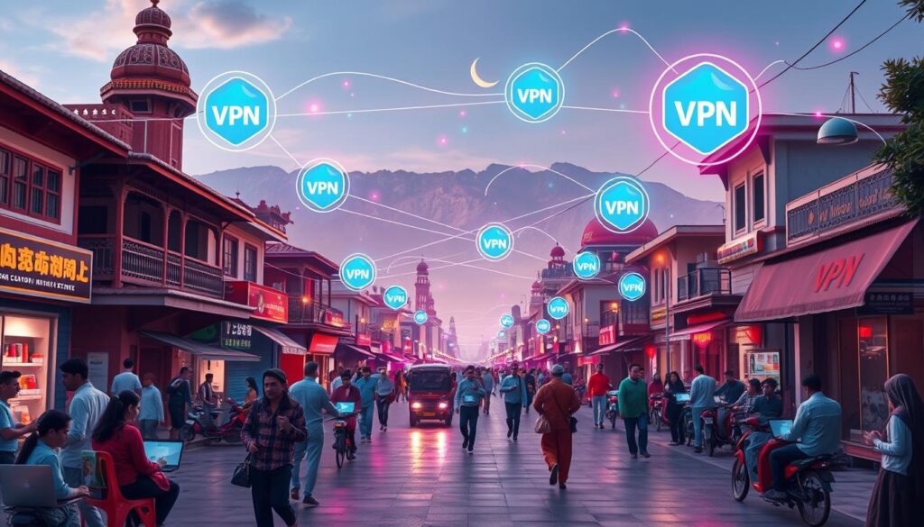 VPN network covering a busy city street.