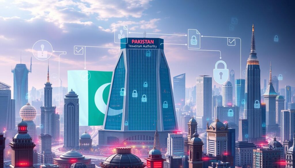 Futuristic city skyline with digital security elements.