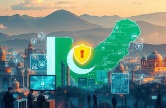 Digital cybersecurity map overlaying cityscape.