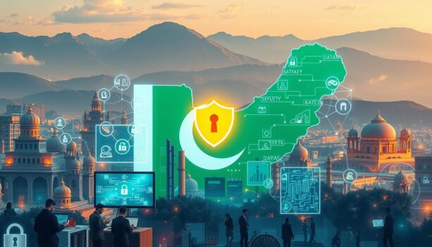 Digital cybersecurity map overlaying cityscape.