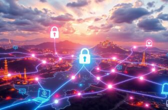 Digital connections over city skyline at sunset