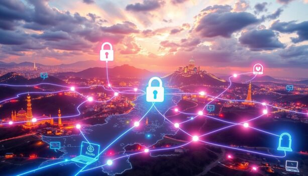 Digital connections over city skyline at sunset