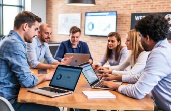 Team collaborating with laptops at a meeting table.