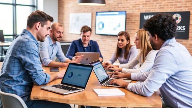 Team collaborating with laptops at a meeting table.