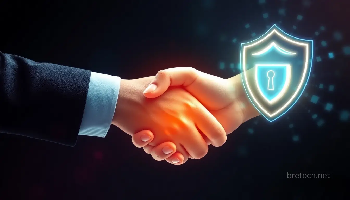 Handshake with digital security shield icon