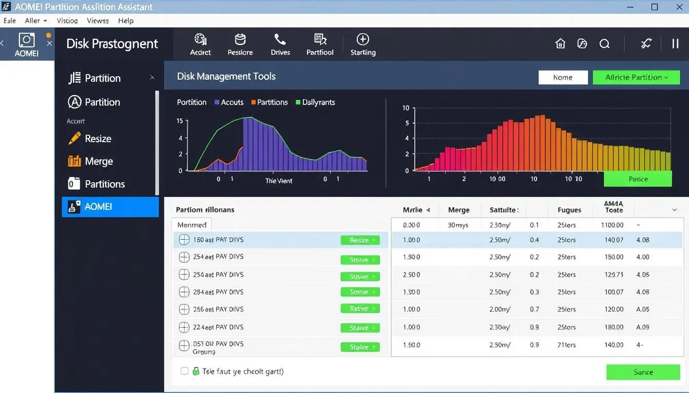 AOMEI Partition Assistant interface with graphs and options.