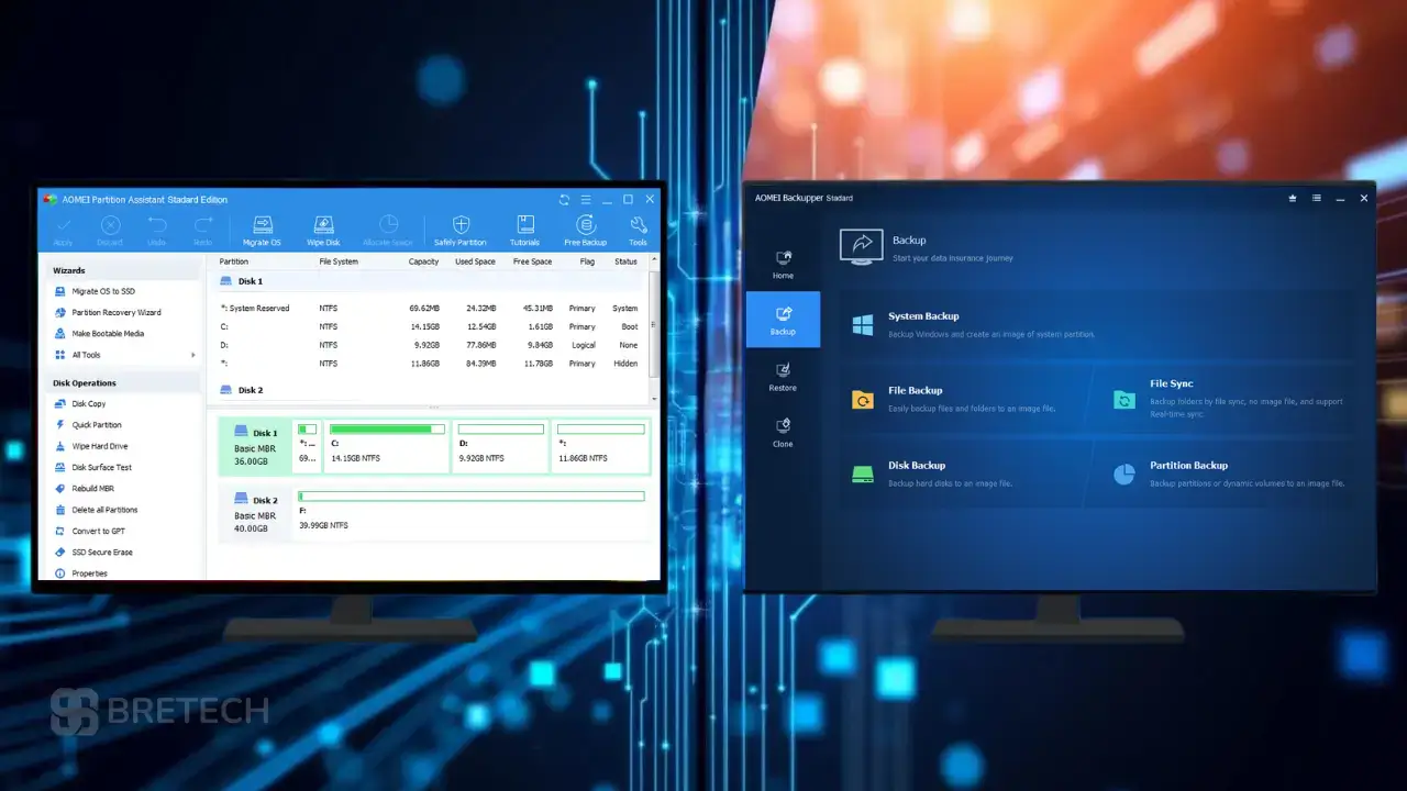 AOMEI software for partition and backup displayed on monitors.
