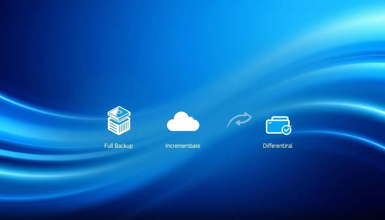 Types of backups: full, incremental, differential.