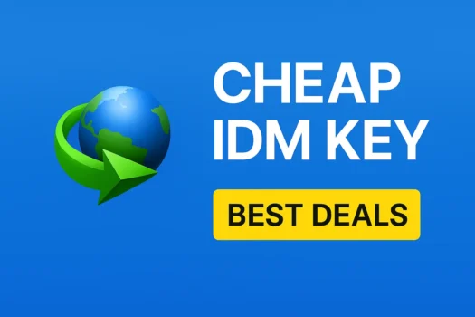 Cheap IDM key in Pakistan banner with IDM logo and BEST DEALS button on blue background