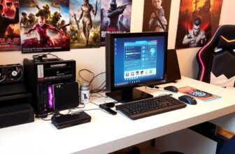 Modern gaming setup with posters and gaming chair