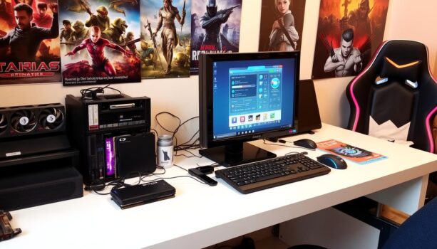 Modern gaming setup with posters and gaming chair