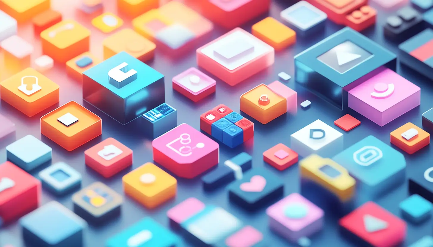 Colorful 3D digital app icons on display