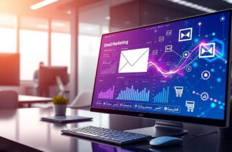 Office computer screen displaying email marketing dashboard.
