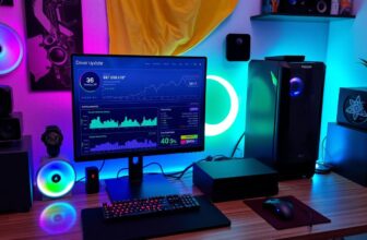 Colorful gaming setup with monitors and LED lights.